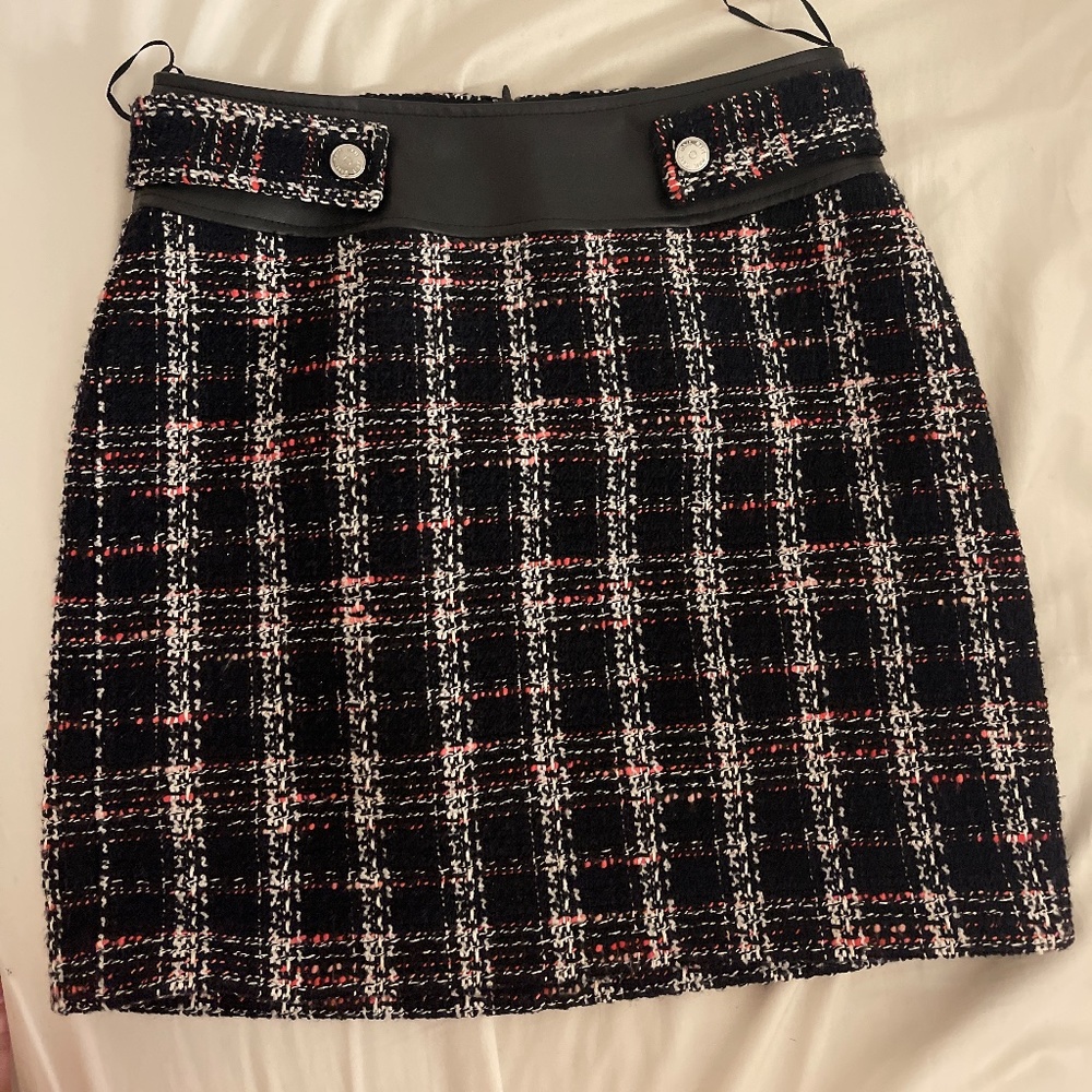 Maje Jisido Faux Leather Trimmed Tweed Mini Skirt In Black